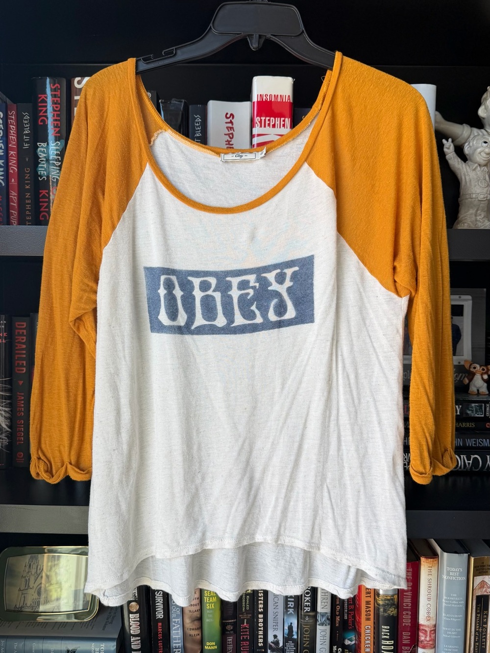 Obey Women's Raglan Tee in Mustard and White with Navy Logo